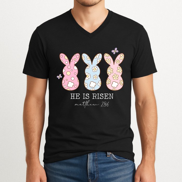 He Is Risen Matthew 28:6 Bunny Easter Sunday V-Neck T-Shirt