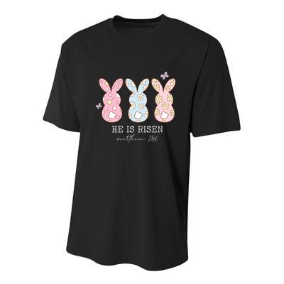 He Is Risen Matthew 28:6 Bunny Easter Sunday Youth Performance Sprint T-Shirt