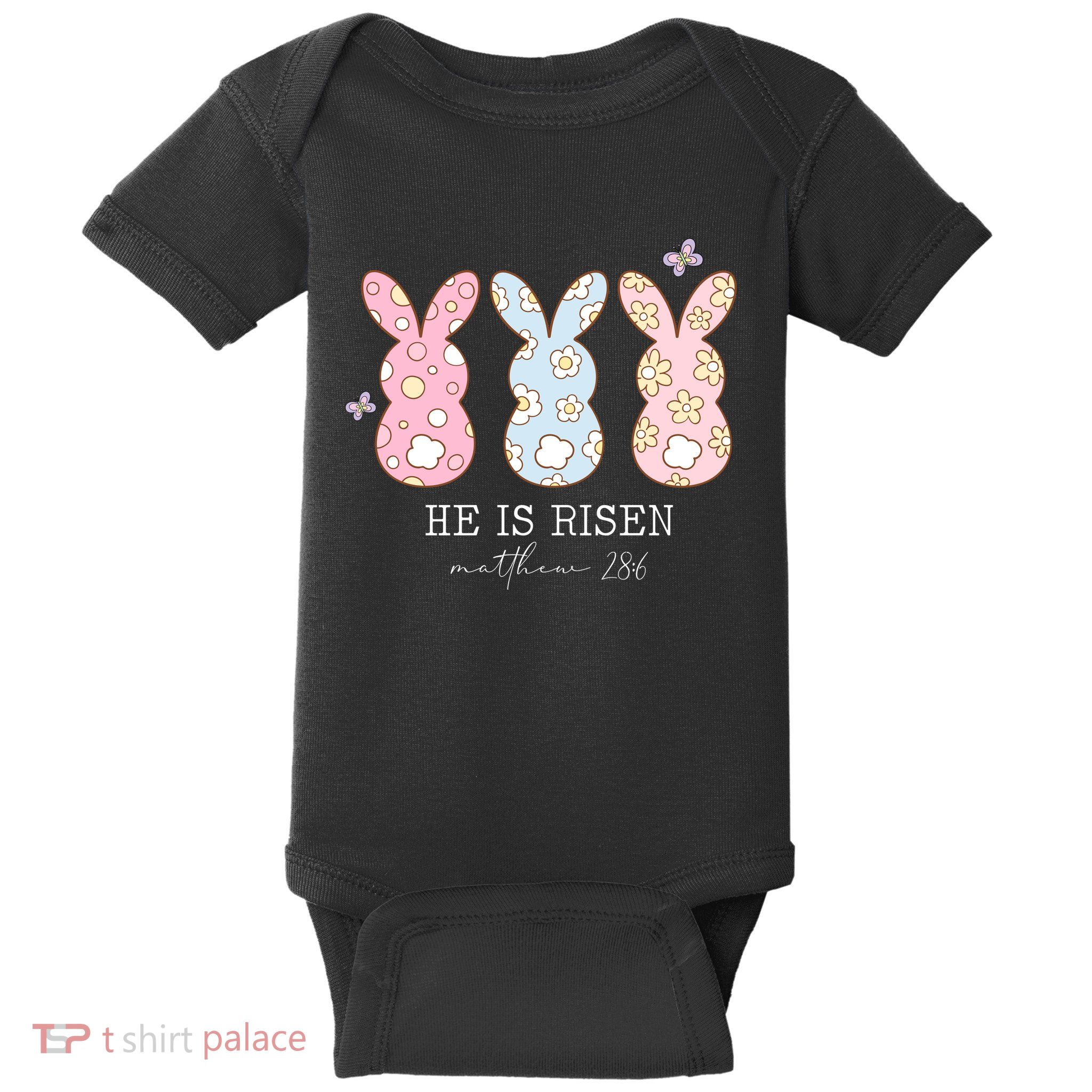 He Is Risen Matthew 28:6 Bunny Easter Sunday Baby Bodysuit