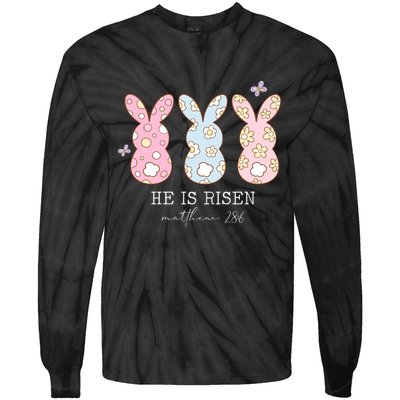 He Is Risen Matthew 28:6 Bunny Easter Sunday Tie-Dye Long Sleeve Shirt