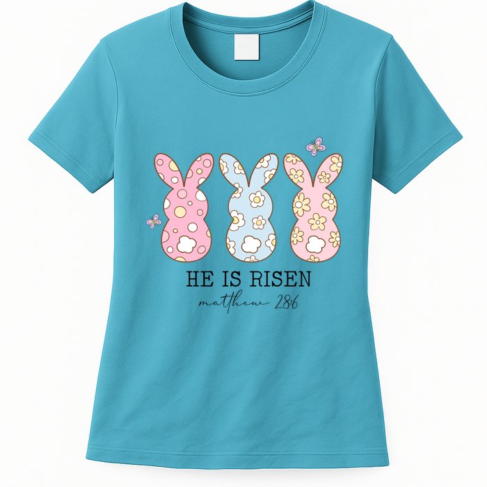 He Is Risen Matthew 28:6 Bunny Easter Sunday Womens T-Shirt