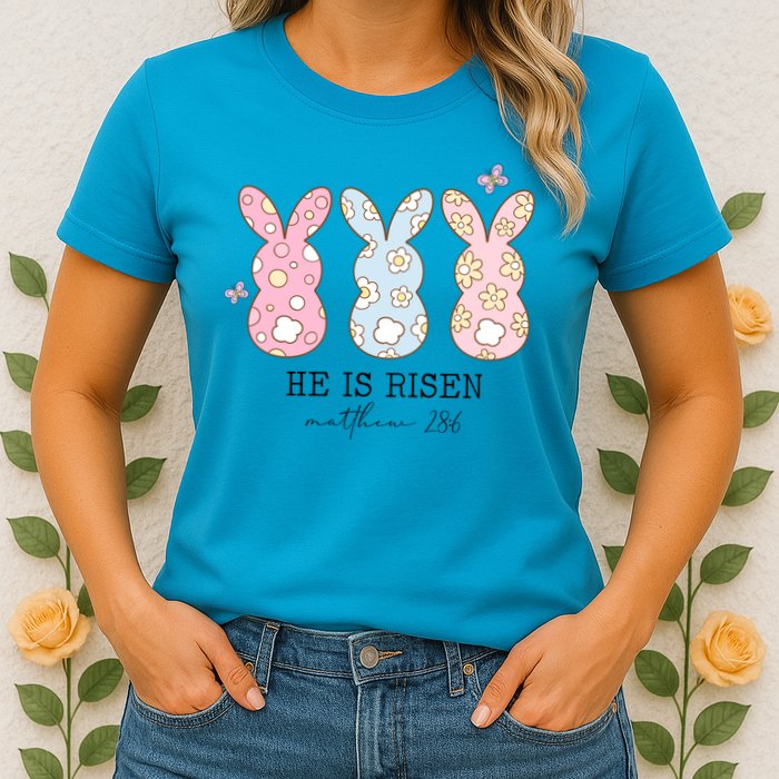 He Is Risen Matthew 28:6 Bunny Easter Sunday Womens T-Shirt