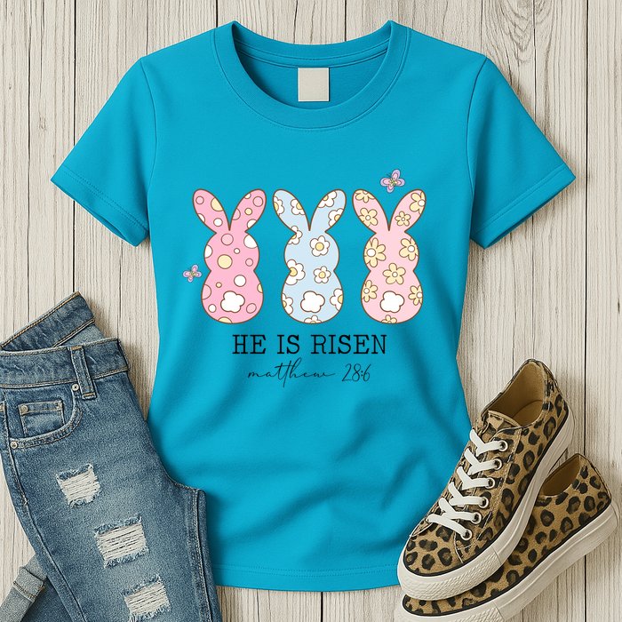 He Is Risen Matthew 28:6 Bunny Easter Sunday Womens T-Shirt