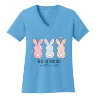 He Is Risen Matthew 28:6 Bunny Easter Sunday Women's V-Neck T-Shirt