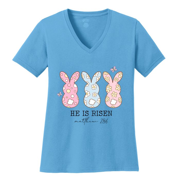 He Is Risen Matthew 28:6 Bunny Easter Sunday Women's V-Neck T-Shirt
