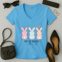 He Is Risen Matthew 28:6 Bunny Easter Sunday Women's V-Neck T-Shirt