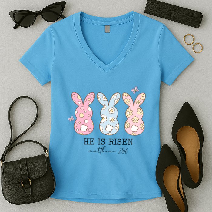 He Is Risen Matthew 28:6 Bunny Easter Sunday Women's V-Neck T-Shirt