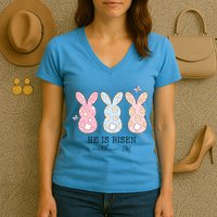He Is Risen Matthew 28:6 Bunny Easter Sunday Women's V-Neck T-Shirt