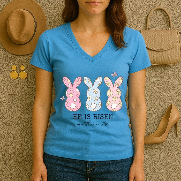 He Is Risen Matthew 28:6 Bunny Easter Sunday Women's V-Neck T-Shirt