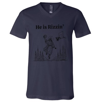 He Is Rizzin Funny Basketball Retro Christian Religious V-Neck T-Shirt