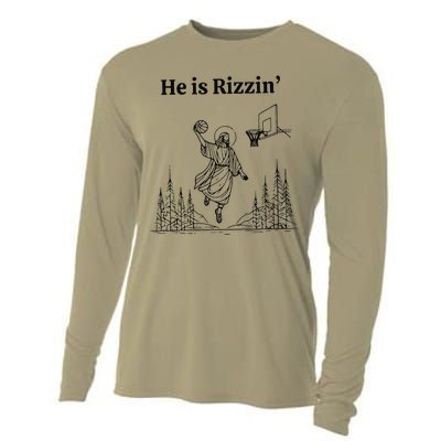 He Is Rizzin Funny Basketball Retro Christian Religious Cooling Performance Long Sleeve Crew