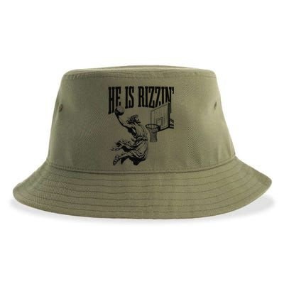 He Is Rizzin Funny Jesus Basketball Easter Meme Sustainable Bucket Hat