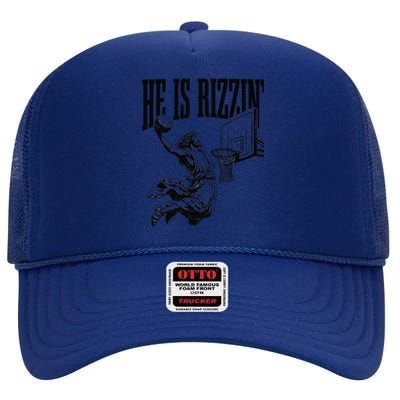 He Is Rizzin Funny Jesus Basketball Easter Meme High Crown Mesh Back Trucker Hat