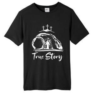 He Is Risen Cross Jesus Easter Day Christians True Story Tall Fusion ChromaSoft Performance T-Shirt