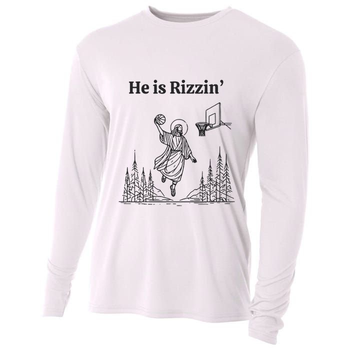 He Is Rizzin Basketball Jesus Funny Easter Christian Cooling Performance Long Sleeve Crew
