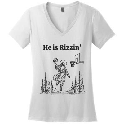 He Is Rizzin Basketball Jesus Funny Easter Christian Women's V-Neck T-Shirt