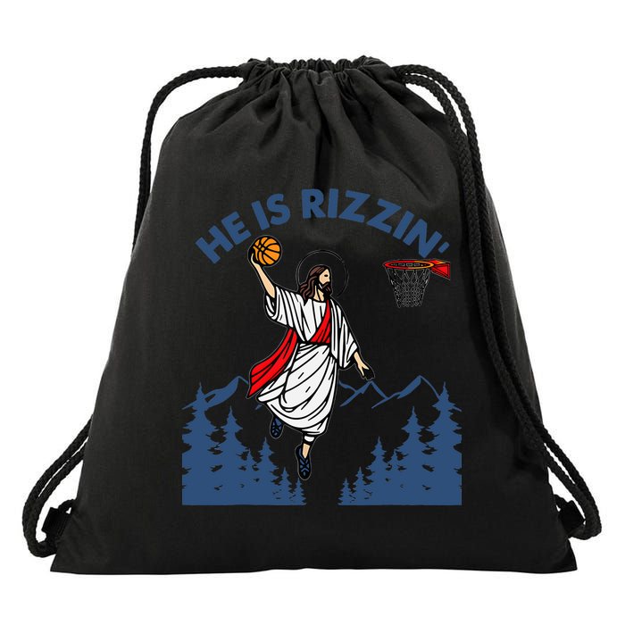 He Is Rizzin Jesus Basketball Easter Religious Drawstring Bag