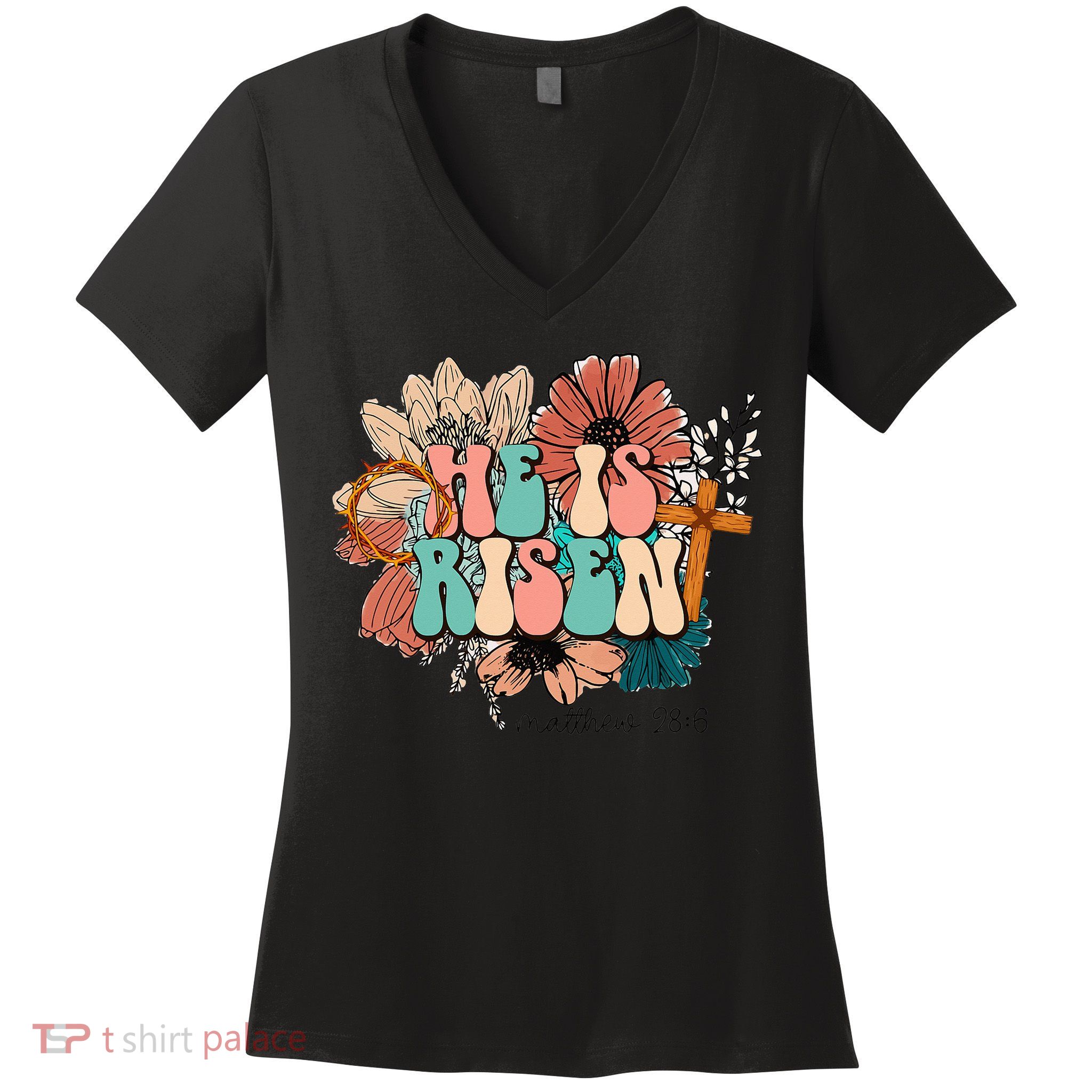 He is Risen Jesus Christian Happy Easter Floral Wreath Women's V-Neck T-Shirt