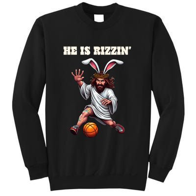 He Is Rizzen Funny Easter Bunny Ear Jesus Playing Basketball Sweatshirt
