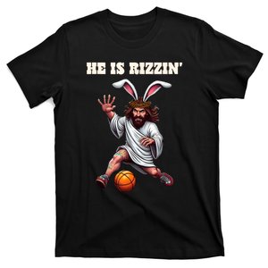 He Is Rizzen Funny Easter Bunny Ear Jesus Playing Basketball T-Shirt