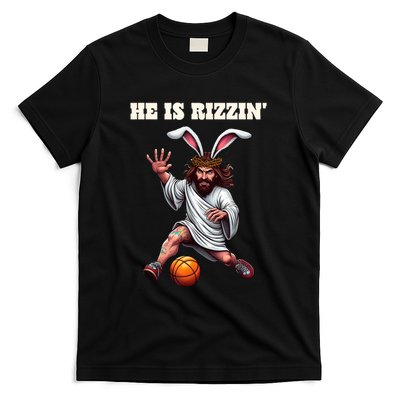 He Is Rizzen Funny Easter Bunny Ear Jesus Playing Basketball T-Shirt
