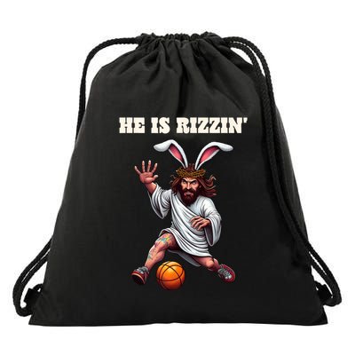He Is Rizzen Funny Easter Bunny Ear Jesus Playing Basketball Drawstring Bag