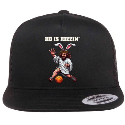 He Is Rizzen Funny Easter Bunny Ear Jesus Playing Basketball Flatbill Hat