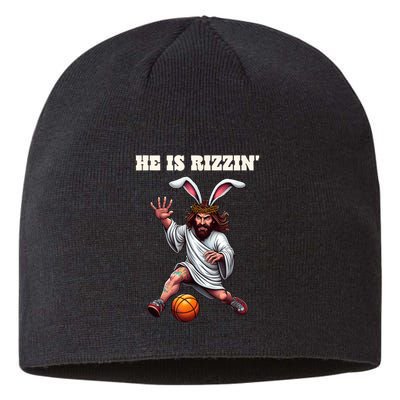 He Is Rizzen Funny Easter Bunny Ear Jesus Playing Basketball Sustainable Beanie