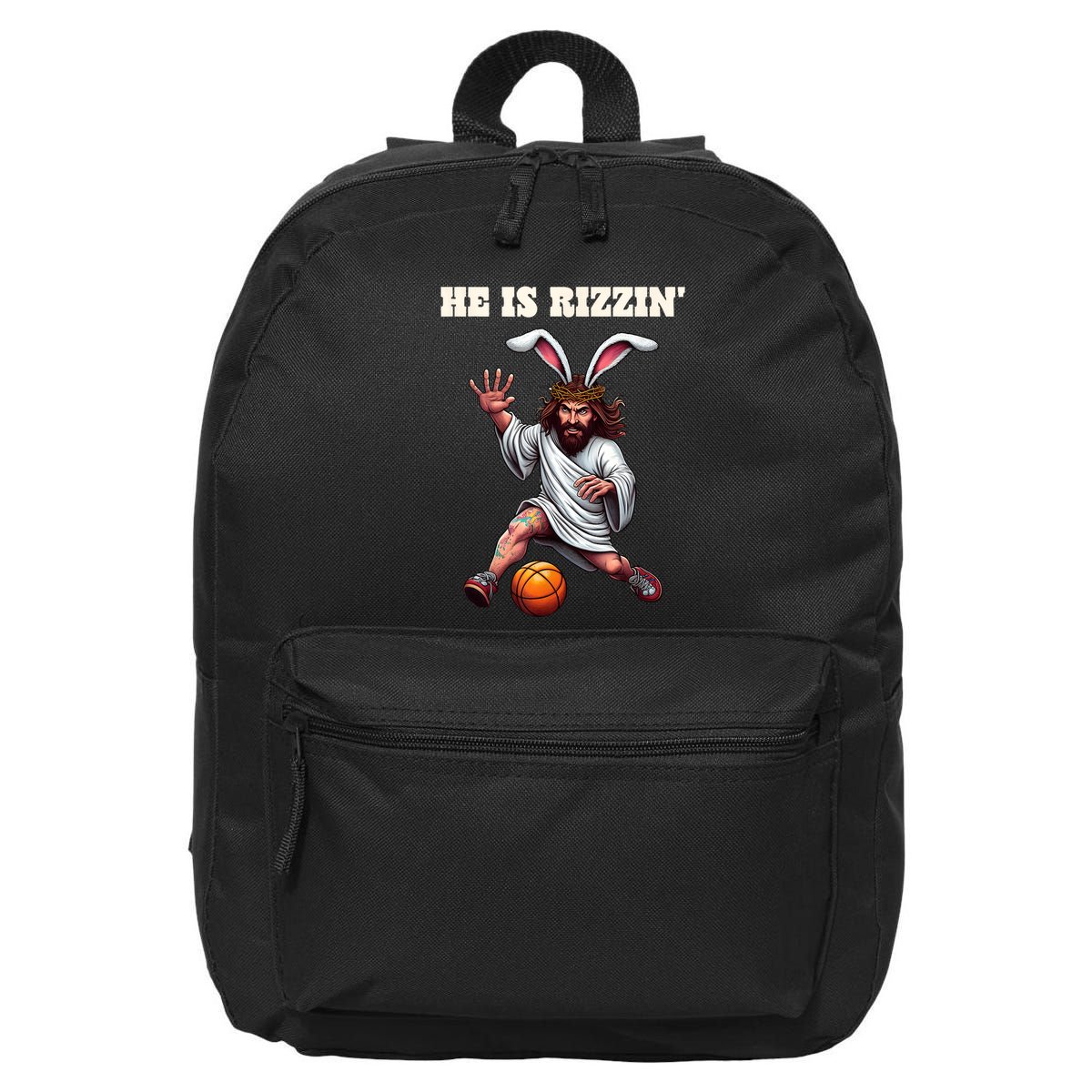 He Is Rizzen Funny Easter Bunny Ear Jesus Playing Basketball 16 in Basic Backpack