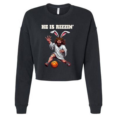 He Is Rizzen Funny Easter Bunny Ear Jesus Playing Basketball Cropped Pullover Crew