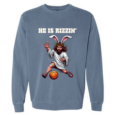 He Is Rizzen Funny Easter Bunny Ear Jesus Playing Basketball Garment-Dyed Sweatshirt