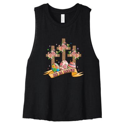 He Is Risen Easter Day Gift Easter Egg Floral Women's Racerback Cropped Tank