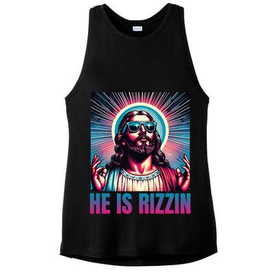 He Is Rizzin Jesus Is Rizzen Ladies PosiCharge Tri-Blend Wicking Tank
