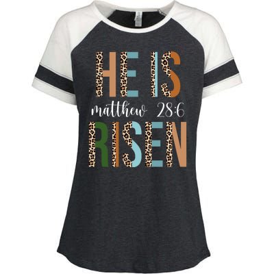 He Is Risen Matthew Bible Verse Enza Ladies Jersey Colorblock Tee