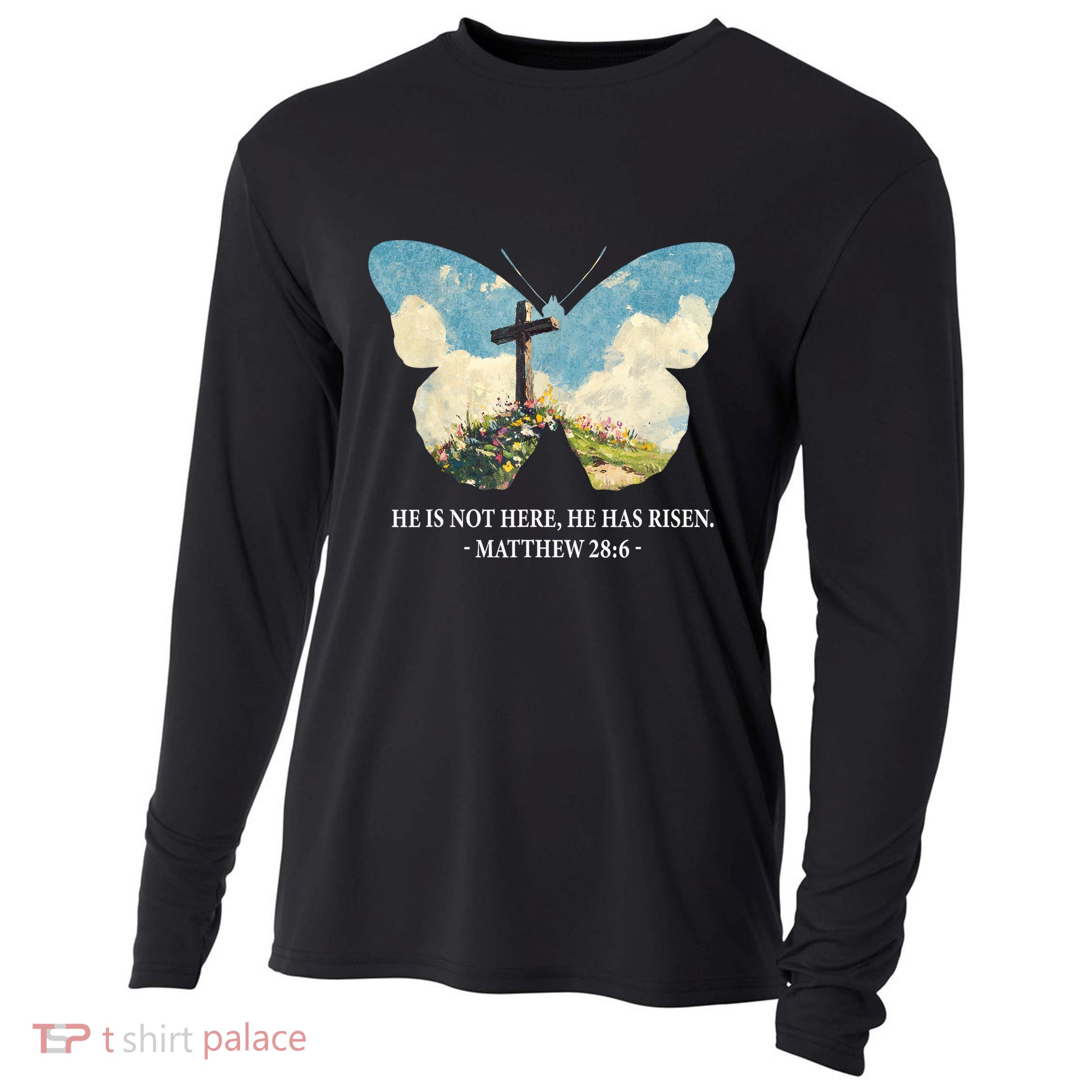 He Is Risen Christian Wildflower Happy Easter Women Girls Cooling Performance Long Sleeve Crew