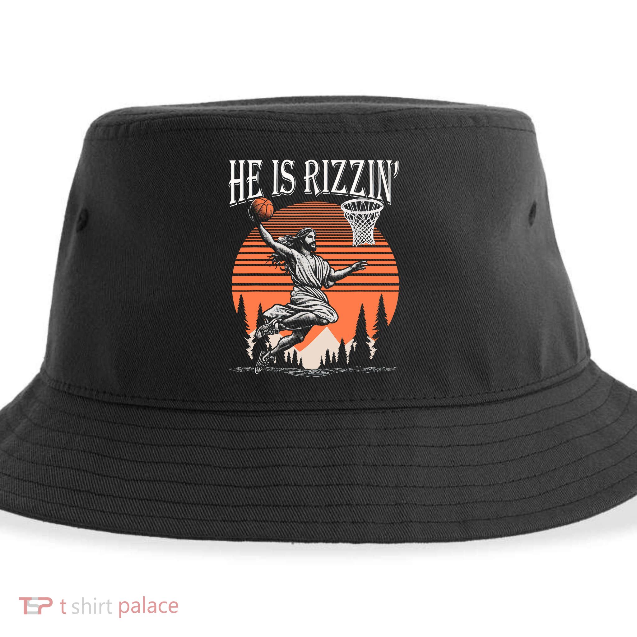 He Is Rizzin Funny Jesus Basketball Easter Christian Men Boy  Sustainable Bucket Hat