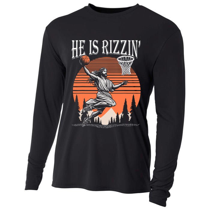 He Is Rizzin Funny Jesus Basketball Easter Christian Men Boy  Cooling Performance Long Sleeve Crew