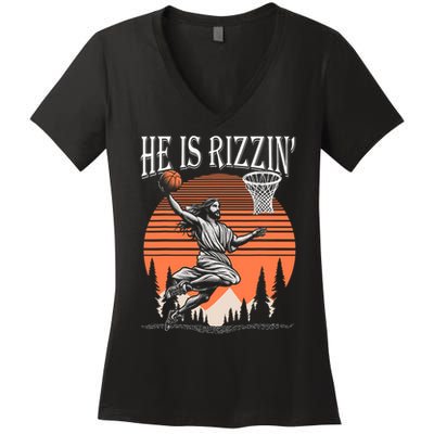 He Is Rizzin Funny Jesus Basketball Easter Christian Men Boy  Women's V-Neck T-Shirt