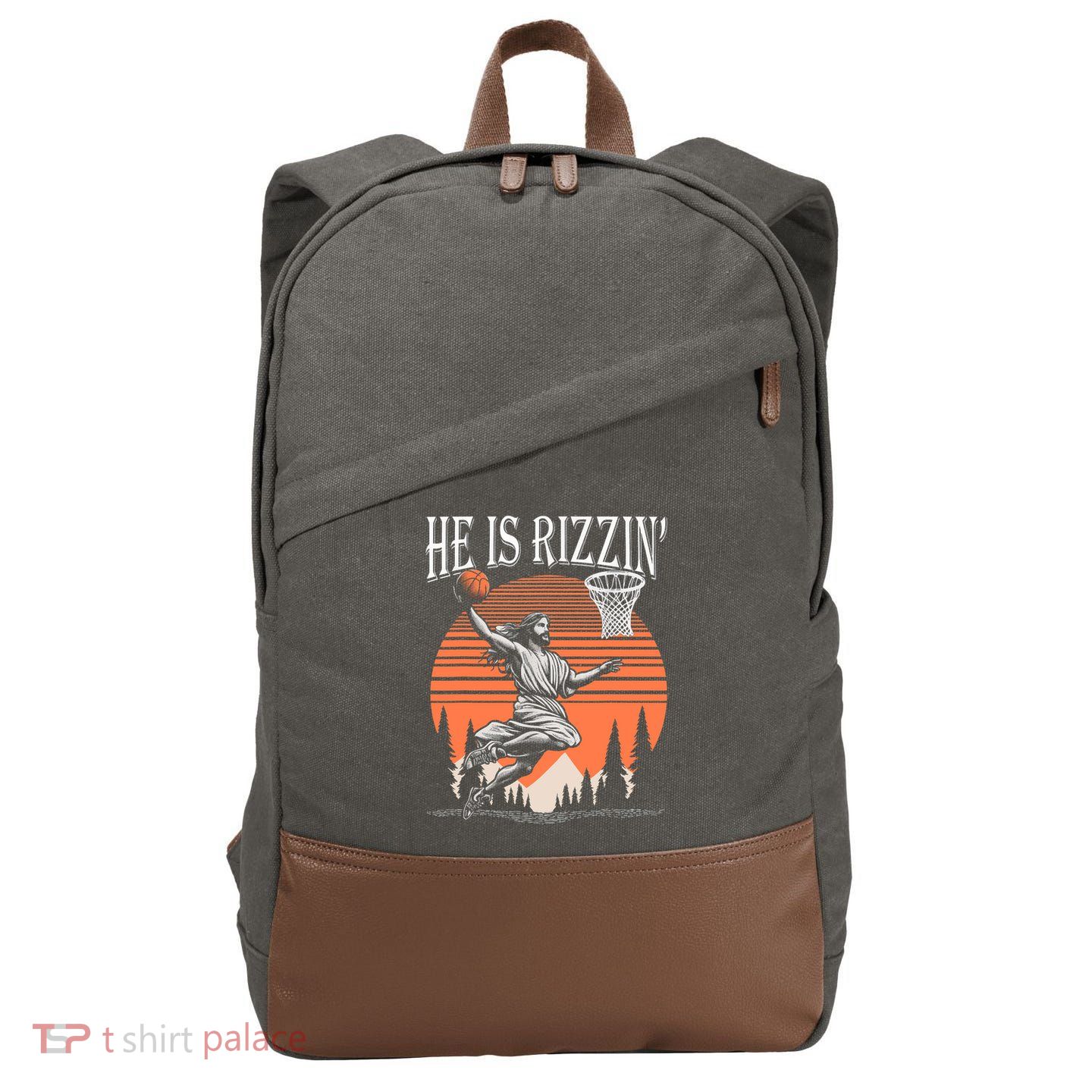 He Is Rizzin Funny Jesus Basketball Easter Christian Men Boy  Cotton Canvas Backpack