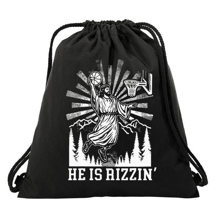 He Is Rizzin Funny Jesus Basketball Christian Religious Drawstring Bag