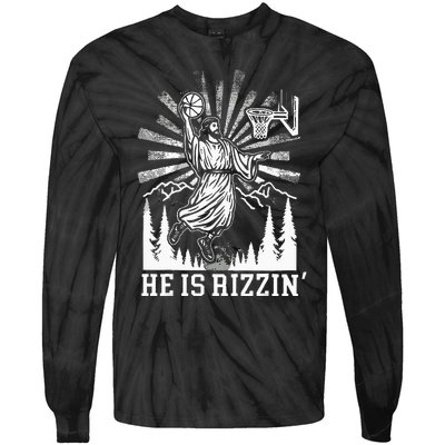 He Is Rizzin Funny Jesus Basketball Christian Religious Tie-Dye Long Sleeve Shirt