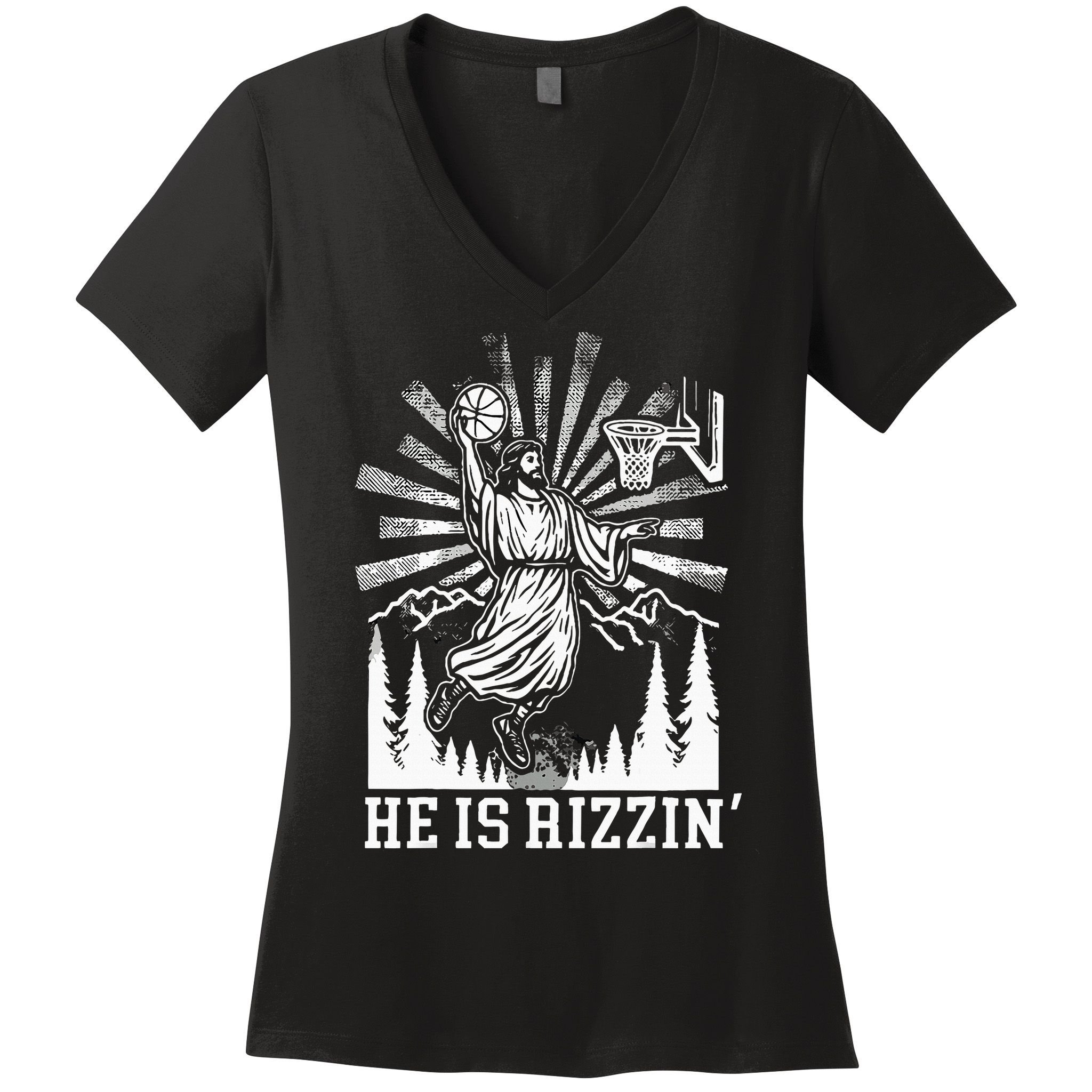 He Is Rizzin Funny Jesus Basketball Christian Religious Women's V-Neck T-Shirt