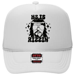 He Is Rizzin Funny Easter Day Retro Christian Religious High Crown Mesh Back Trucker Hat