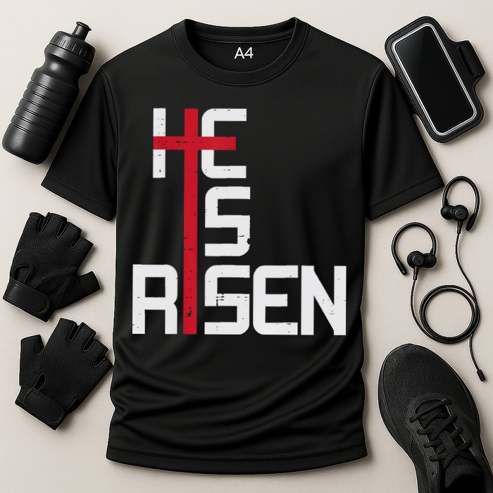 He Is Risen Cross Jesus Easter Christian Religious Men Teens Cooling Performance Crew T-Shirt