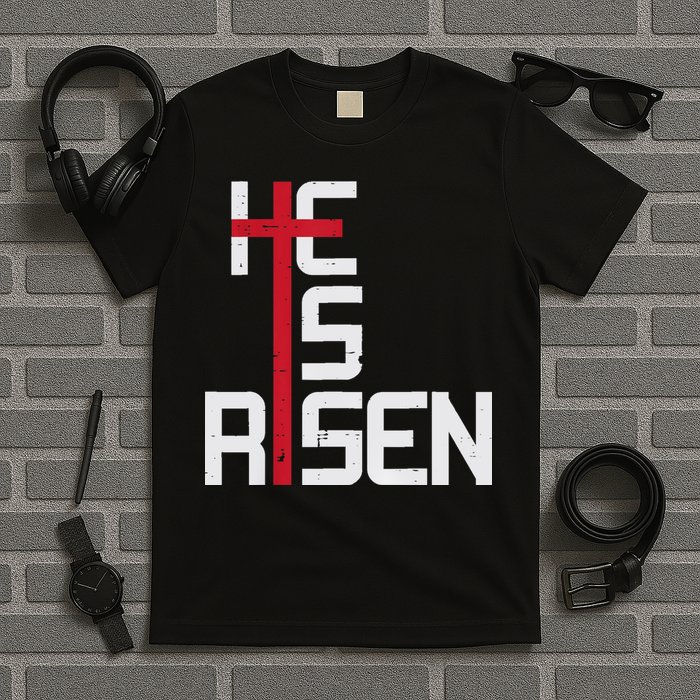 He Is Risen Cross Jesus Easter Christian Religious Men Teens T-Shirt