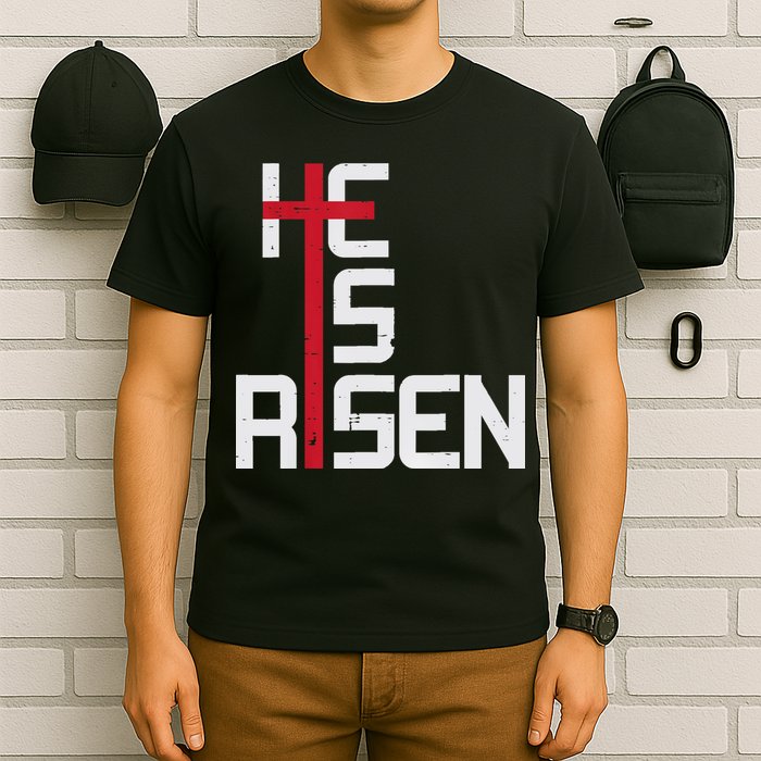 He Is Risen Cross Jesus Easter Christian Religious Men Teens T-Shirt