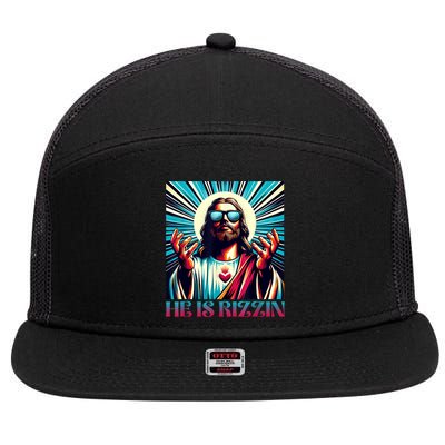 He Is Rizzin Happy Easter Day Jesus Is Risen 7 Panel Mesh Trucker Snapback Hat