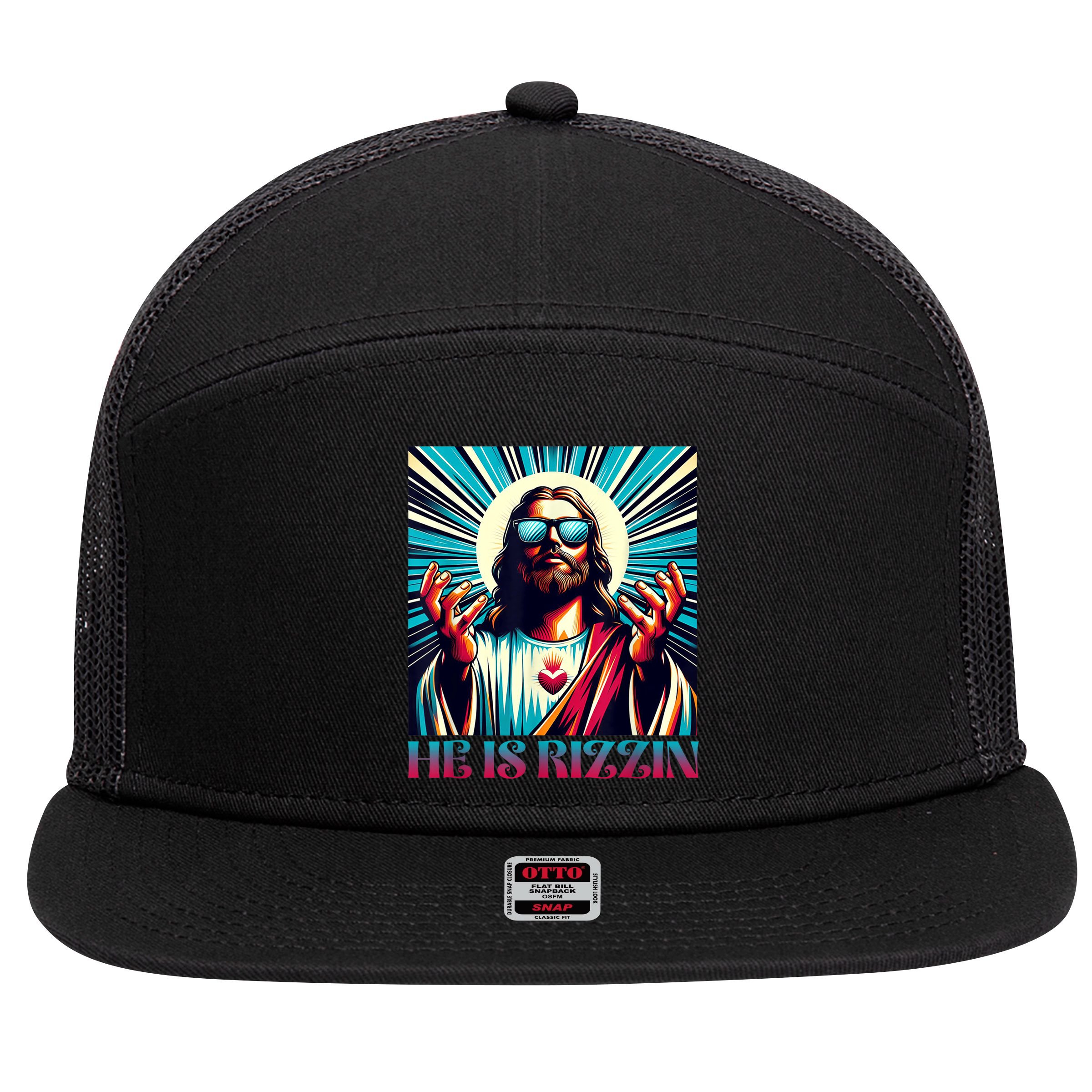 He Is Rizzin Happy Easter Day Jesus Is Risen 7 Panel Mesh Trucker Snapback Hat