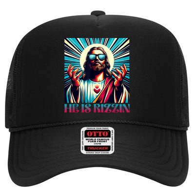 He Is Rizzin Happy Easter Day Jesus Is Risen High Crown Mesh Back Trucker Hat