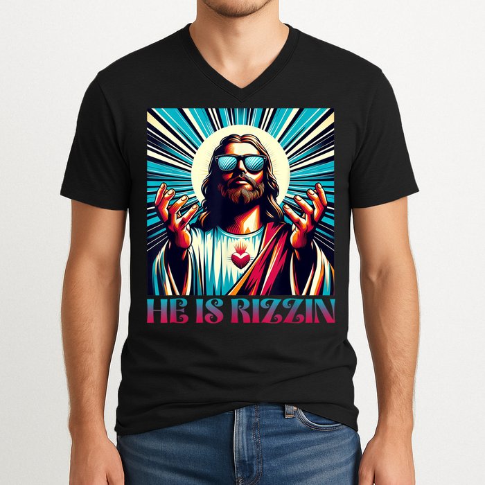 He Is Rizzin Happy Easter Day Jesus Is Risen V-Neck T-Shirt
